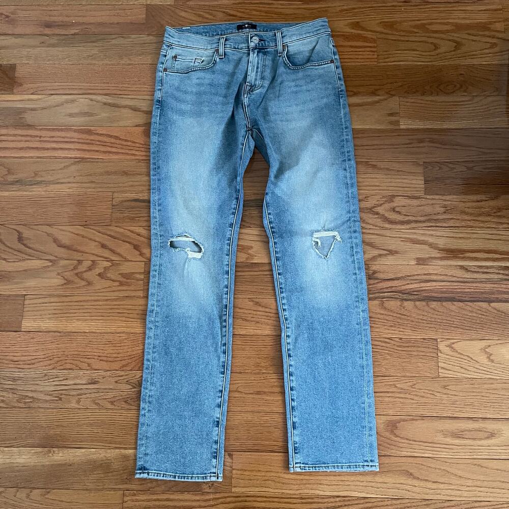 7 For All Mankind Womens 29 Low Straight Distressed Jeans Blue Rose Avenue Denim